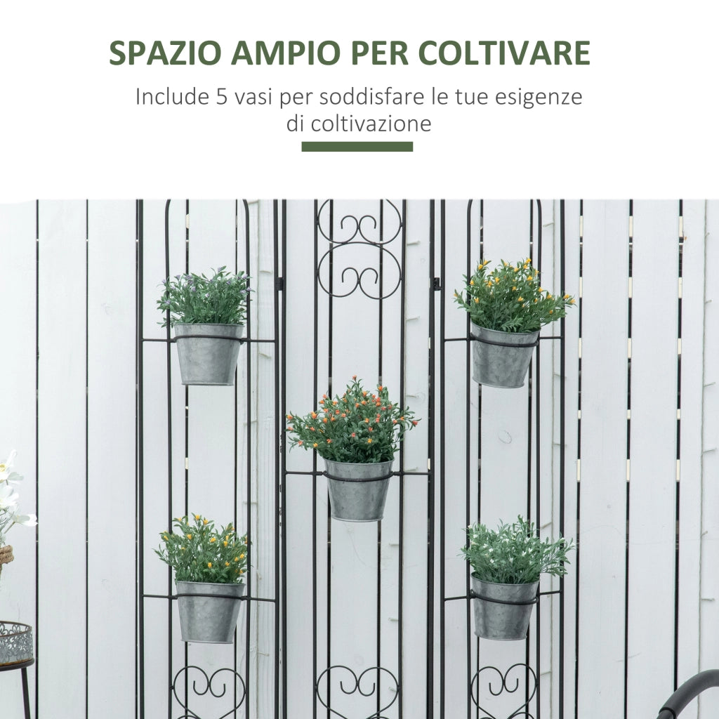 Portapiante Verticale Pieghevole con 5 Vasi ¨C zephmum ¨C Nero, Metallo, 82x12.5x150cm