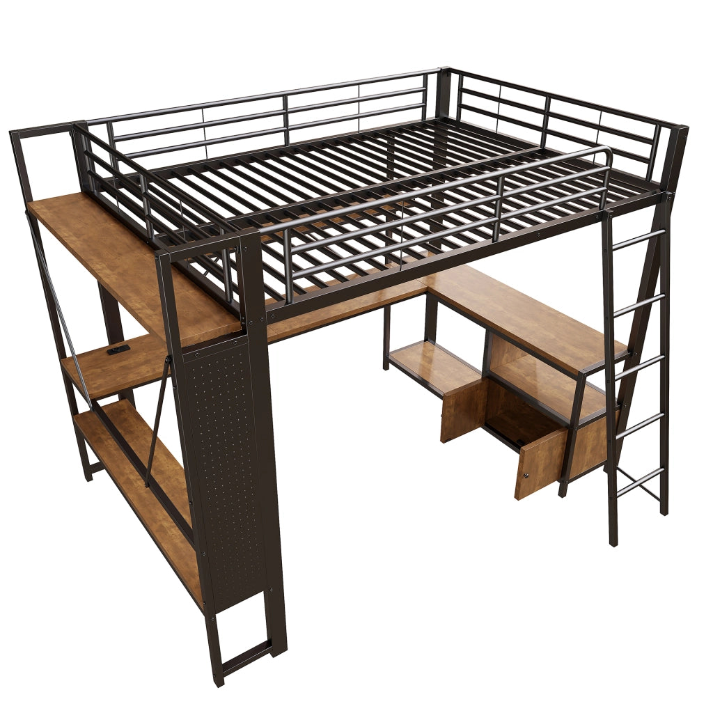LETTO A SOPPALCO 140x200 cm Nero in metallo con scrivania, LED e USB