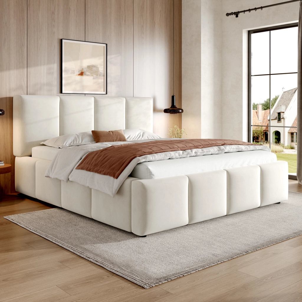Letto per adulti 180 × 200 cm con testiera imbottita, rete inclusa, senza materasso, beige