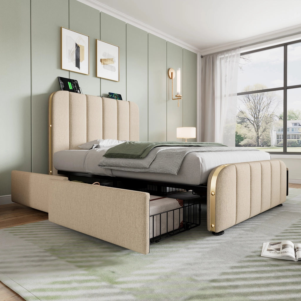 Letto singolo 90x200 cm in tessuto beige con 4 cassetti, USB e ricarica Type-C, rete a doghe e materasso