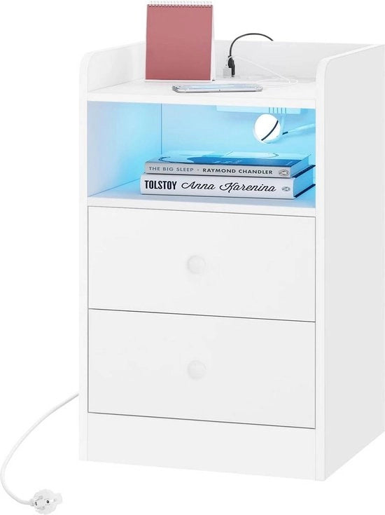 Cassettiera notturna con scatola di alimentazione e striscia LED - Cassettiera notturna - Piastra di ricarica - E1 Materiale in legno - 40 cm x 64 cm x 35 cm