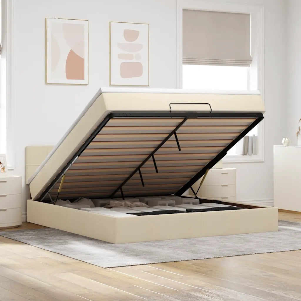 Pouf Letto con Materasso e LED Crema 180x200cm in Tessuto 3312331