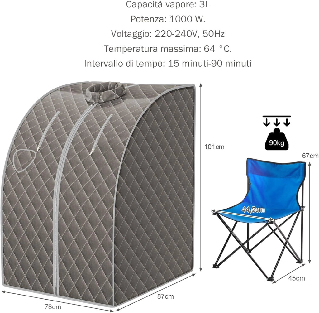Cabina Sauna a Vapore, Sauna da Casa con Sedia, Telecomando, Timer e Temperatura Regolabili, con Funzione Atomizzazione e Coperchio di Vetro Temperato Antiscoppio (Grigio)