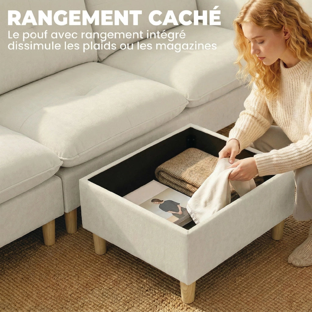 Divano angolare 3 posti con pouf contenitore ¨C Xylo ¨C tessuto effetto lino crema 210 cm