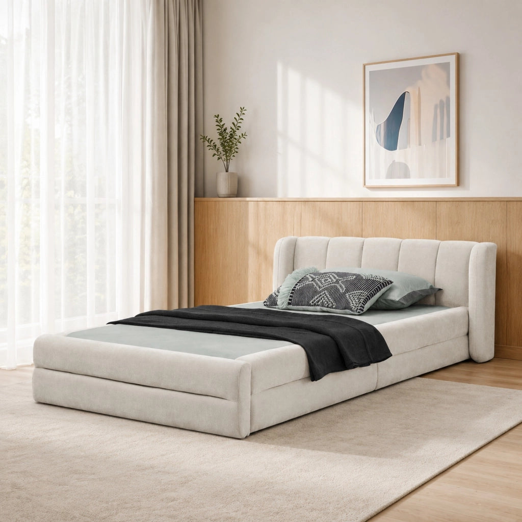 Letto singolo 90x200 cm imbottito in ciniglia beige