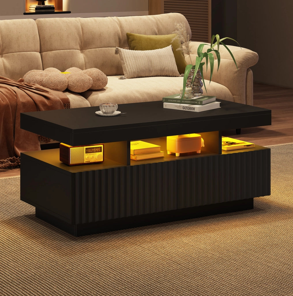 Tavolino da caffè nero con 2 cassetti e LED, 100x50x45 cm