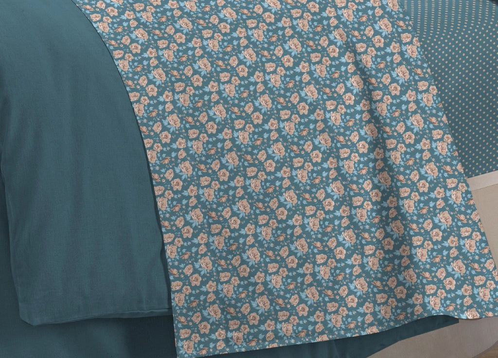 Completo Lenzuola Letto 100% Cotone Made Italy 3027 Disegno Provenza - Matrimoniale - Verde