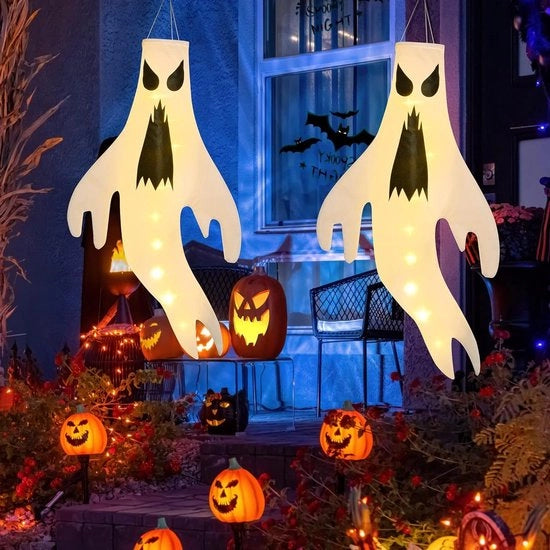 Decorazioni per Halloween 2 pezzi Fantasma all'inganno Zaino per vento Bandiera - Luce calda - Esterno Interno Giardino Casa Corte - Festa e accessori
