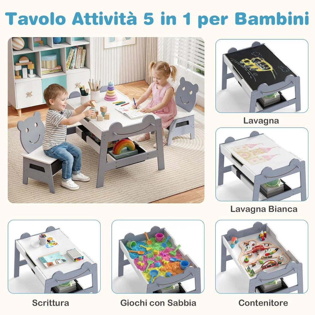 Set Tavolo e 2 Sedie per Bambini, 5 in 1 Tavolino e Sedie con 4 Ganci, 3 Scatole in Tessuto e Lavagna Reversibile per Bambini 3+ Anni per Cameretta Ragazzi (Grigio, Stile 5)