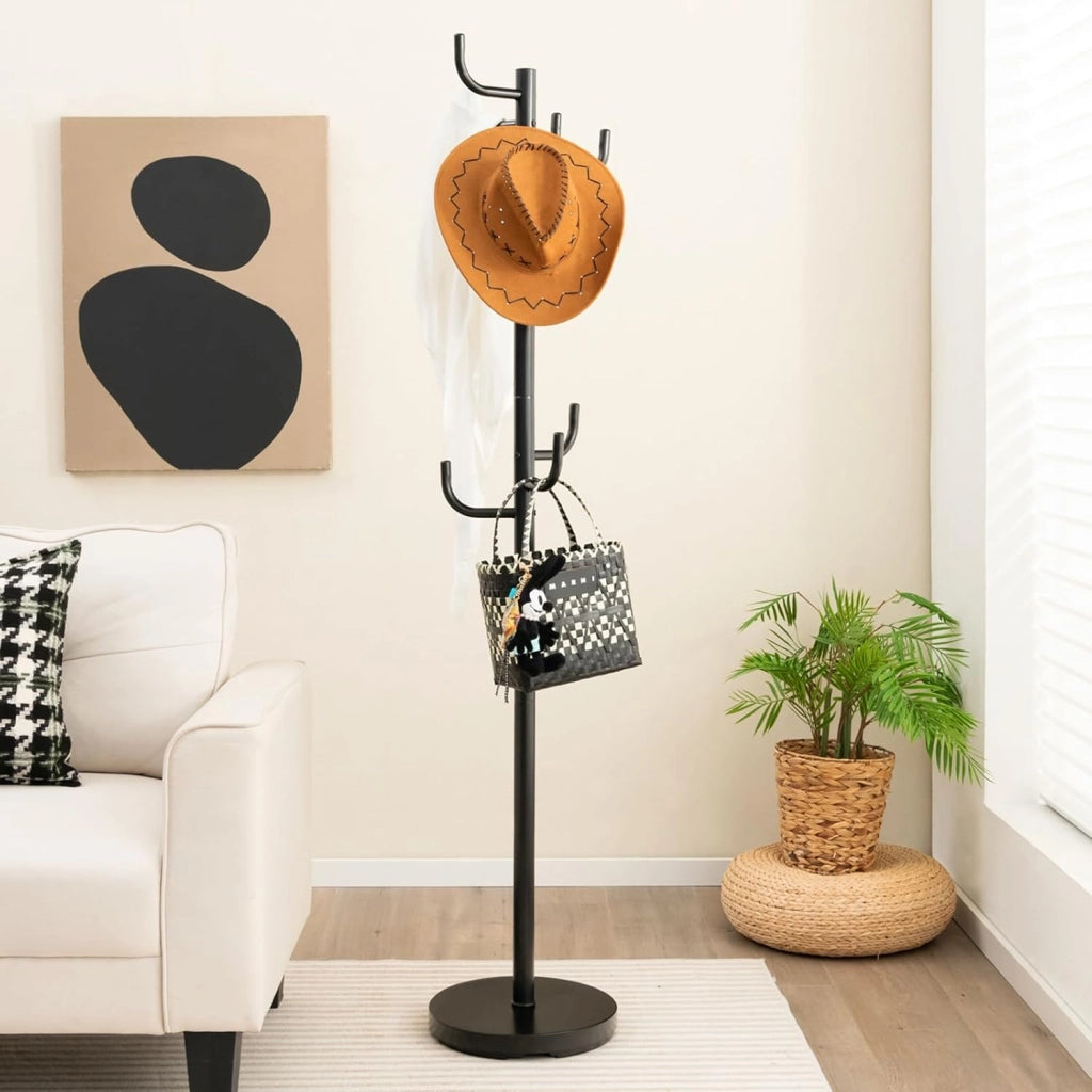 Attaccapanni in Metallo, Attaccapanni da Terra con 8 Ganci Robusti e Base Resistente, per Vestiti Borse Cappelli, 33,5 x 175 cm