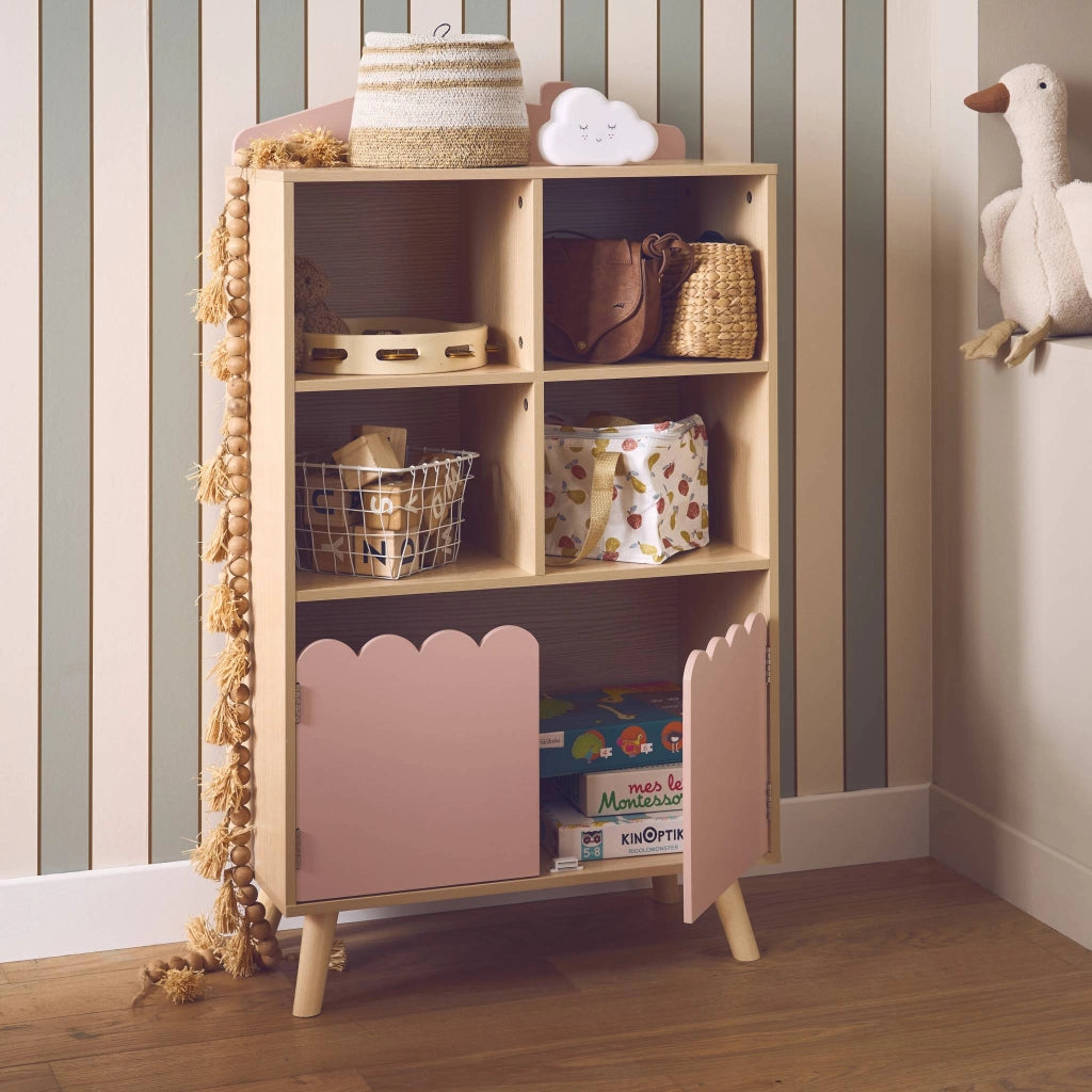 Biblioteca per bambini in legno di pino 2 porte e 4 scaffali, rosa