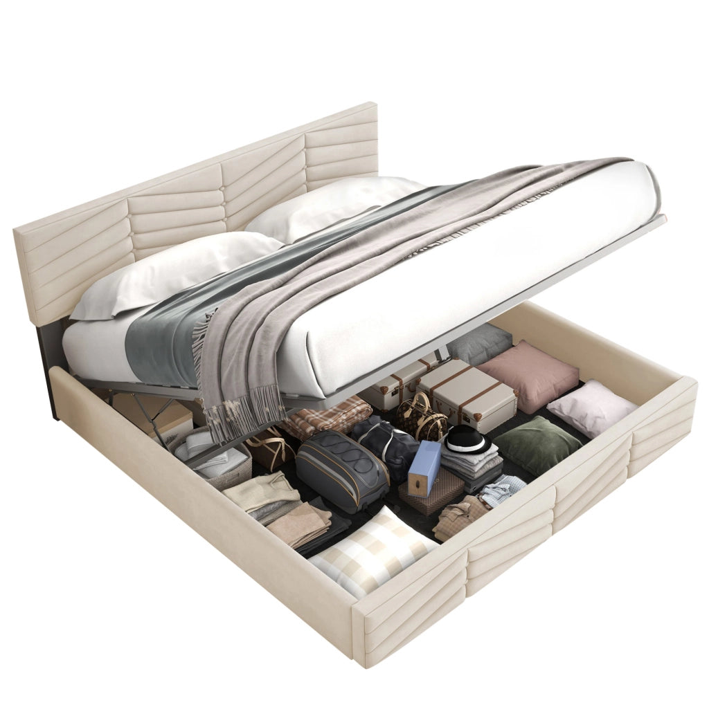 Letto matrimoniale 180x200 cm in velluto beige con testiera regolabile e contenitore
