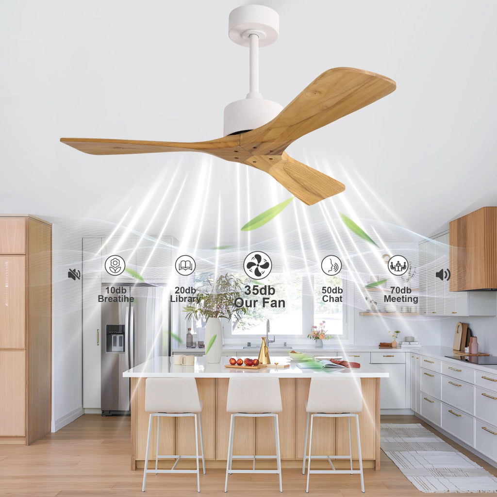Ventilatore da soffitto moderno 42 pollici senza luce, 3 pale ad elica in legno massello naturale, motore DC reversibile silenzioso, design