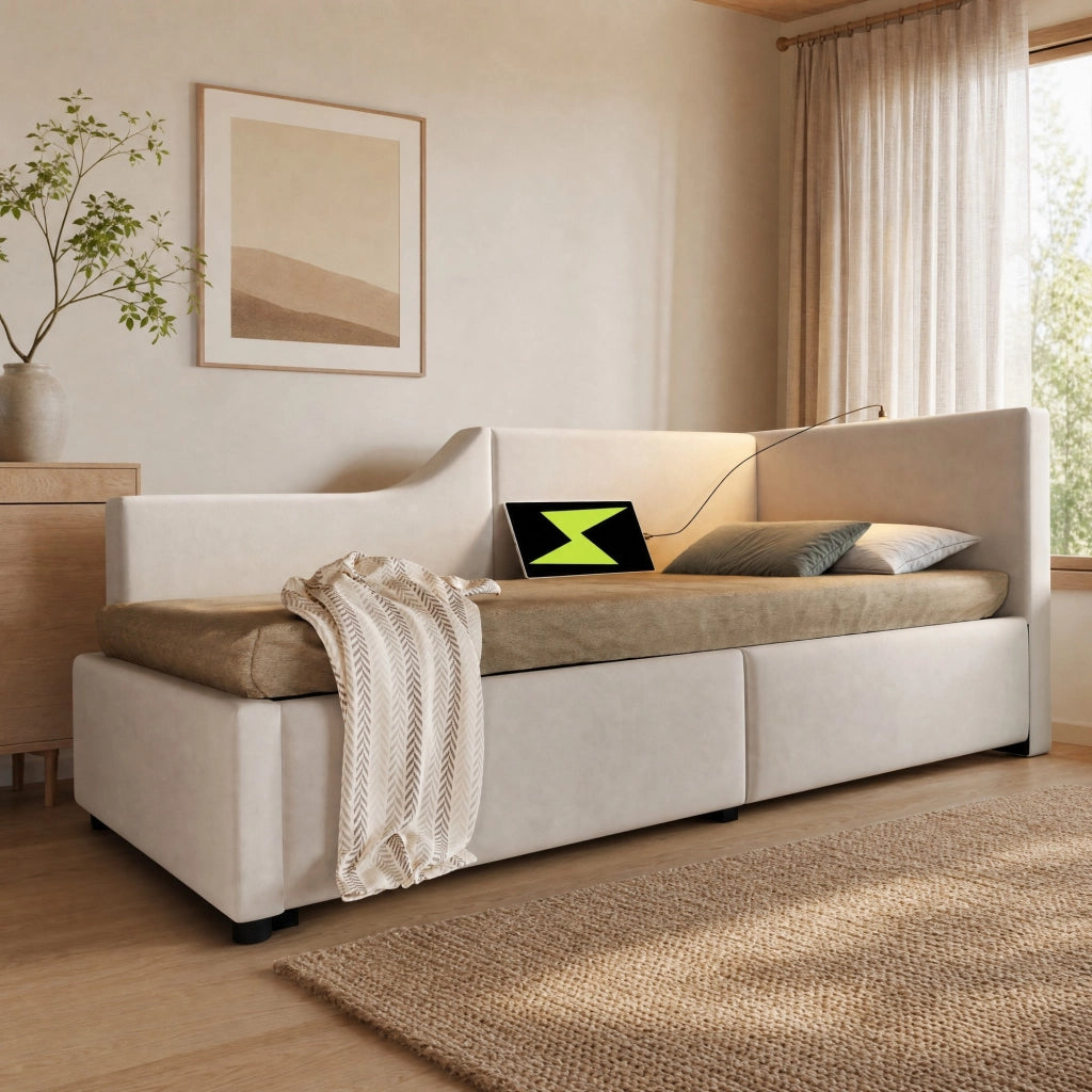 LETTO DA GIORNO Contenitore 90x190 cm in Velluto Beige con lampada da lettura e USB-C
