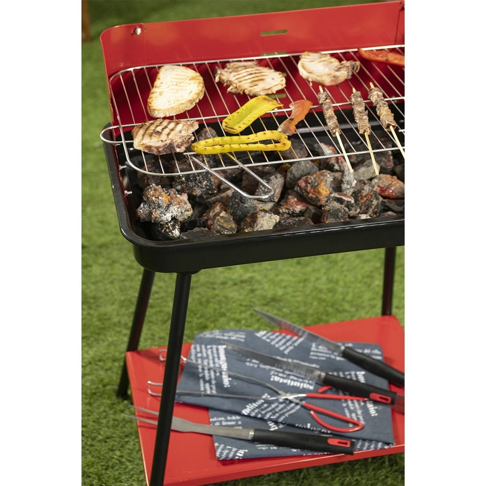 Trade Shop - Barbecue A Carbonella Con Griglia Regolabile In Acciaio Paravento Ripiano H82x58x38cm -