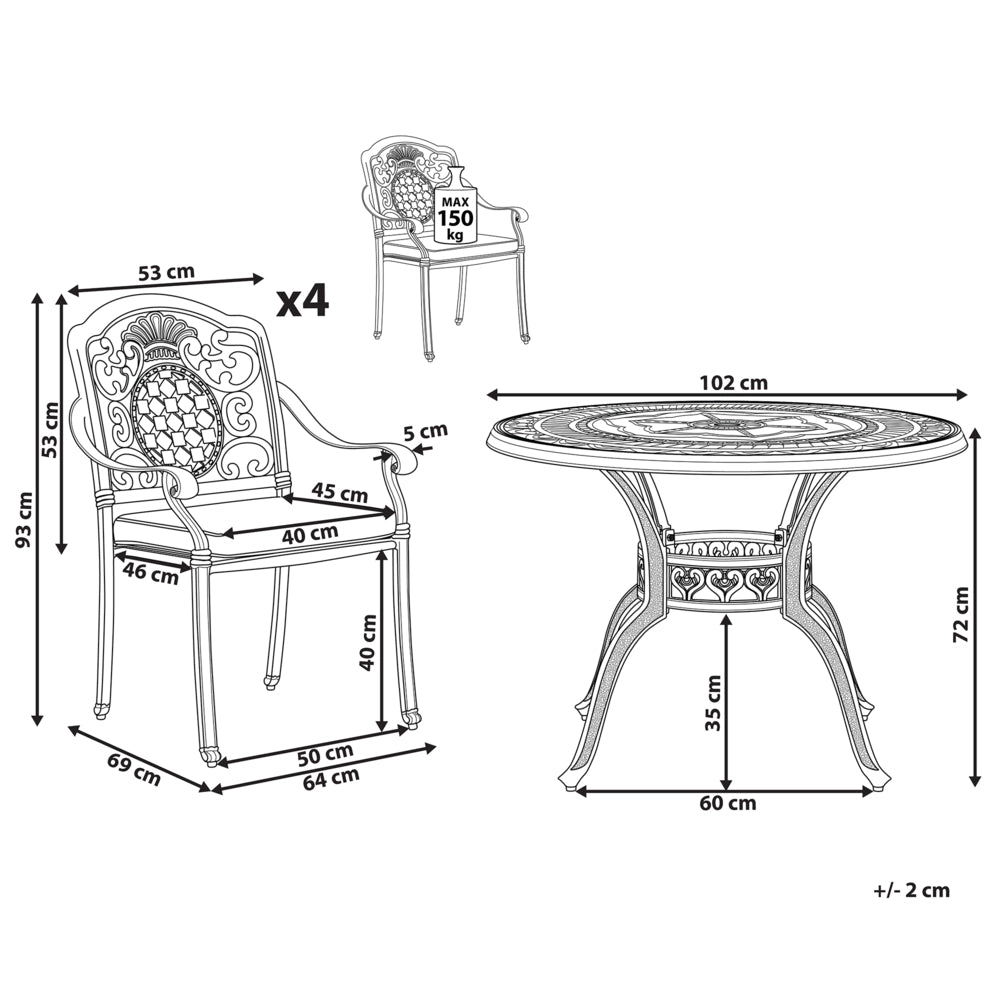 Set da pranzo da giardino Tavolo da esterno in alluminio marrone 4 sedie Cuscini di seduta in stile retrò