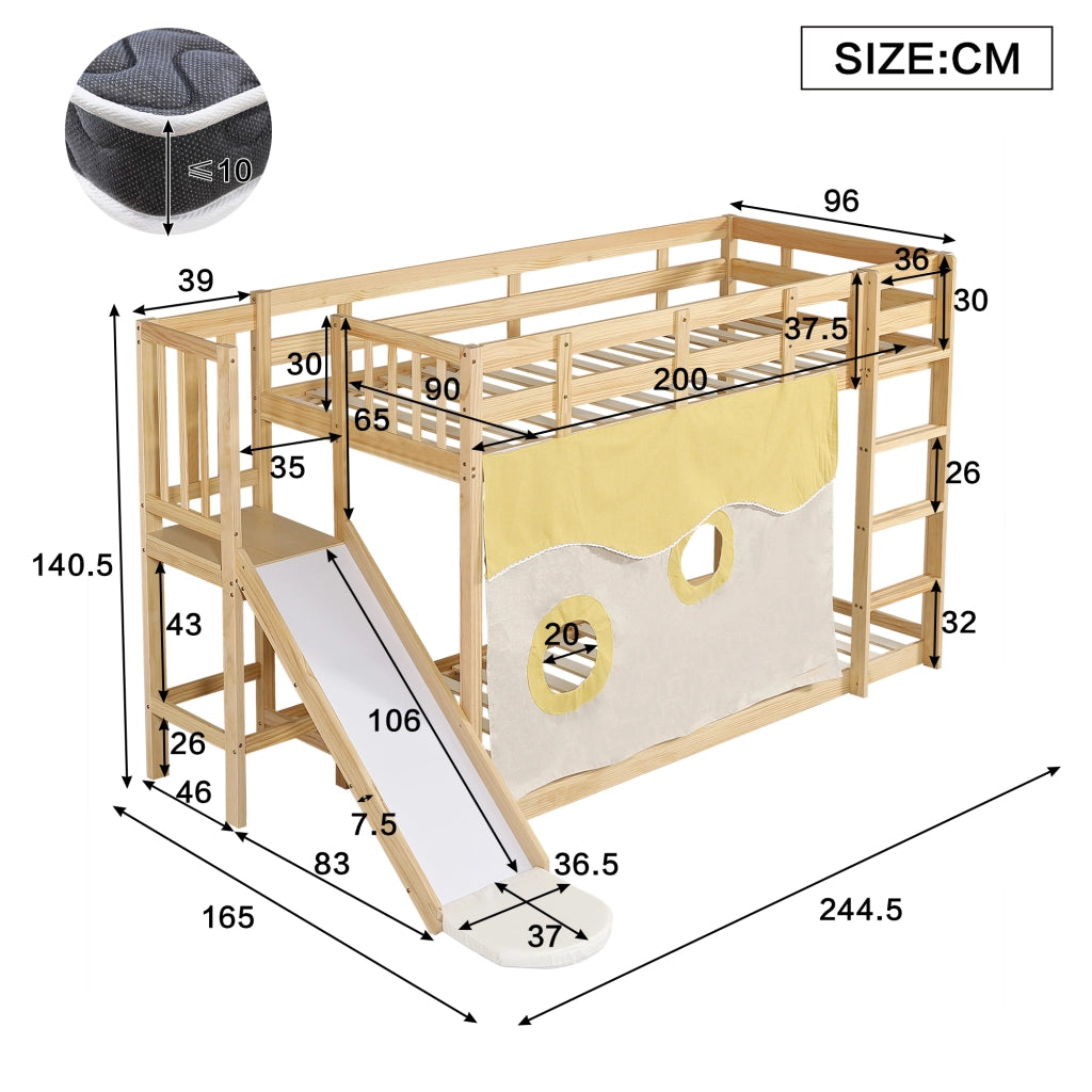 LETTO A CASTELLO con scivolo e scala 90x200 cm MDF e pino naturale con tende