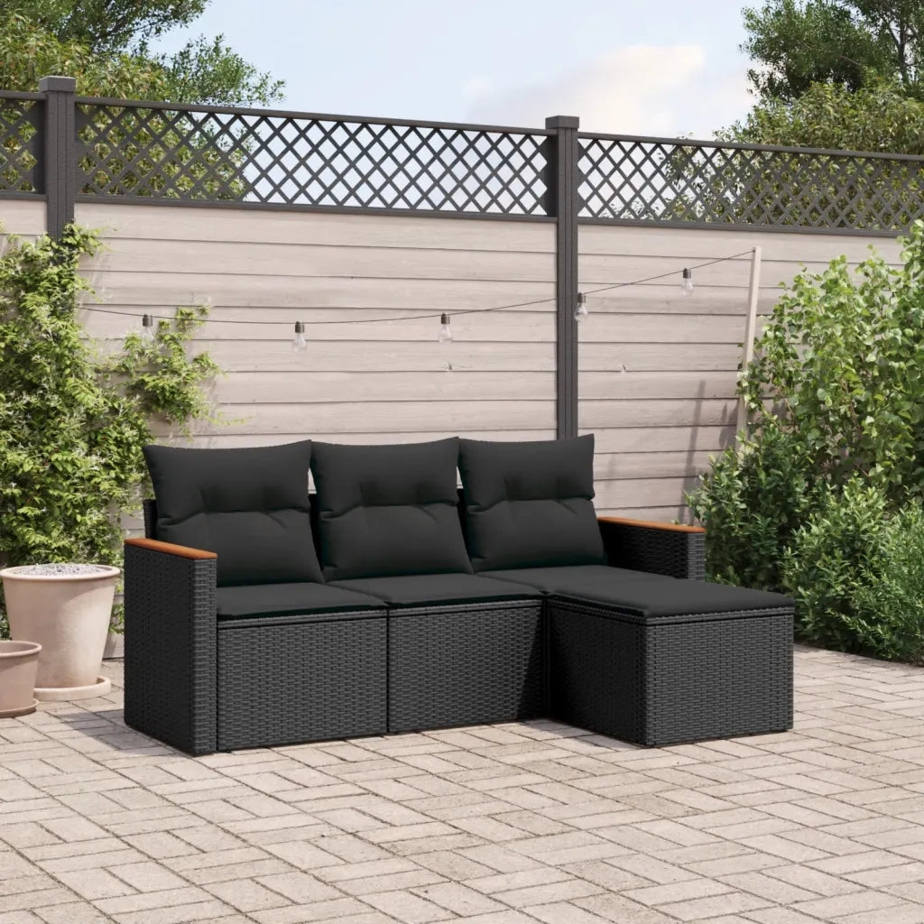 Set Divani da Giardino 4 pz | Set Salotto da Giardino con Cuscini Nero in Polyrattan