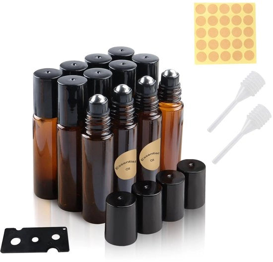 Set di 12 flaconi in vetro bruno - contenuto 10 ml - resistenti allo shock - impermeabili - vetro di alta qualità - flaconi per oli