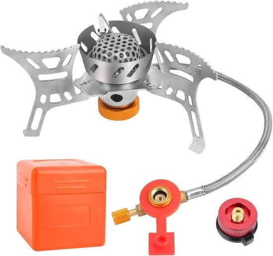 Stufa a Gas Portatile Resistente al Vento Mini con Accensione a Piezo e Borsa da Trasporto per Picnic Escursionismo Trekking (Argento) - 3900W