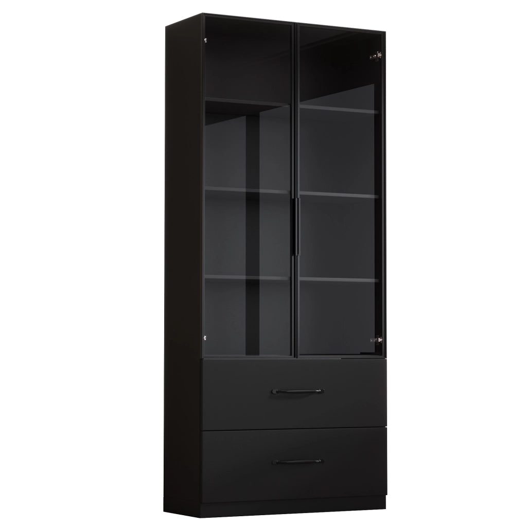 Vetrina LED modulare con ante in vetro, ripiani aperti e cassetti, per soggiorno e cucina, nero, 140 × 40 × 160 cm