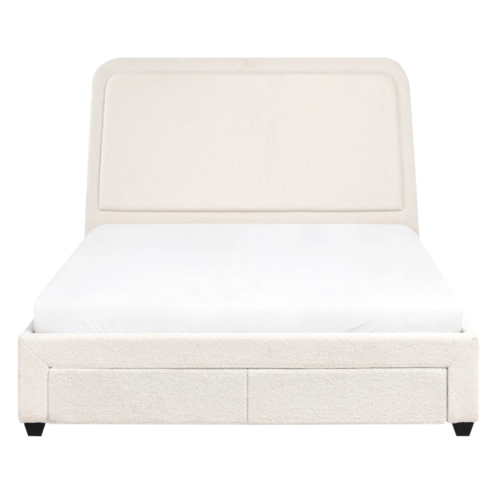 Letto imbottito in bouclé bianco panna 140 x 200 cm Design scandinavo con testiera morbida a cassetti