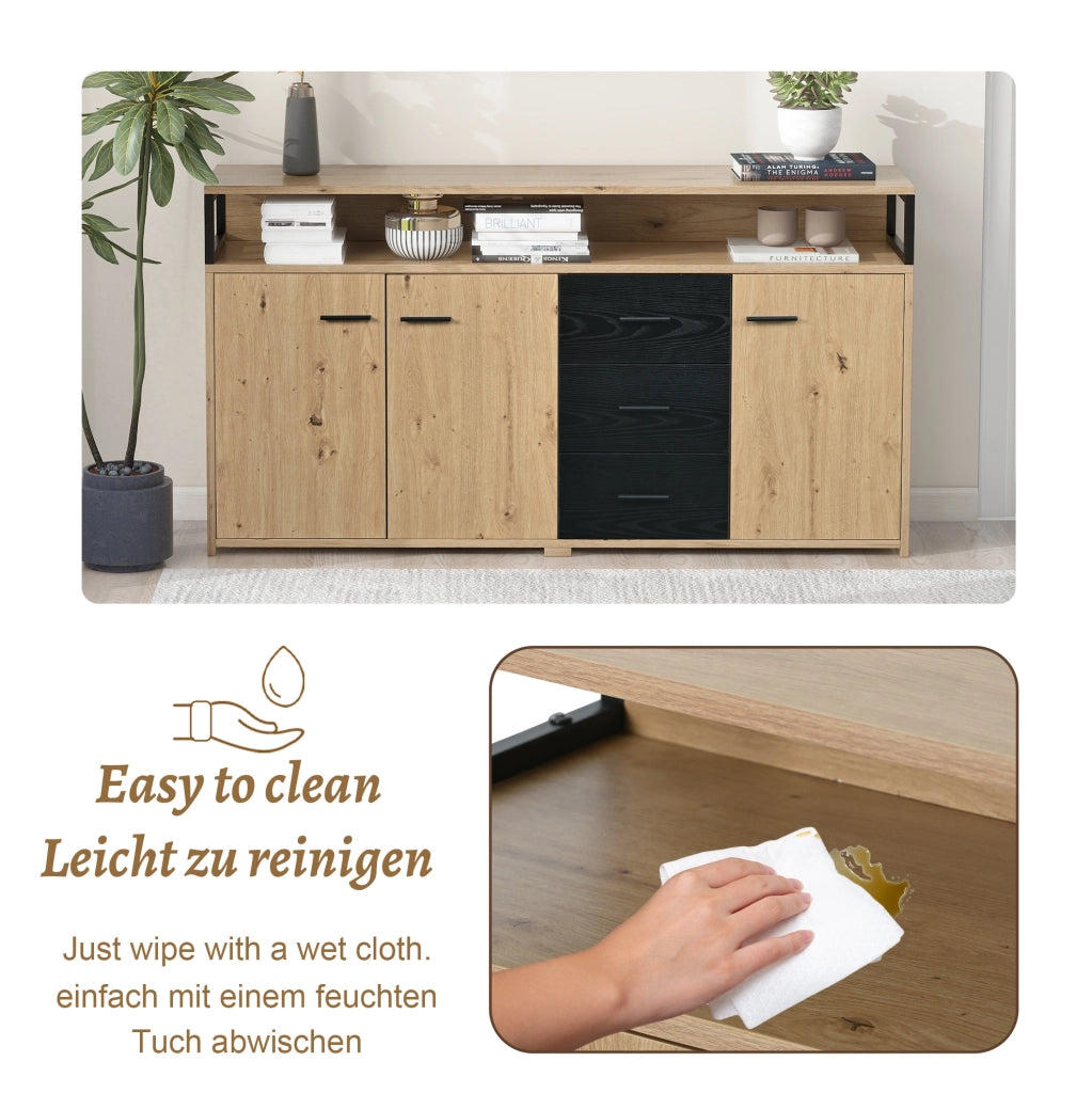 Credenza nera e legno con 3 ante e 3 cassetti