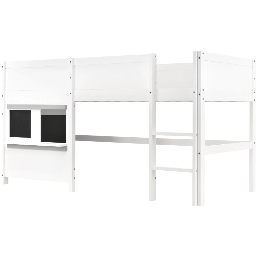 Letto a casetta per bambini 90 × 200 cm con lavagna e scaffale, senza materasso, in legno, bianco