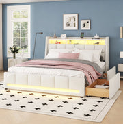 Letto imbottito 140x200 cm in lino e MDF beige; con LED APP; USB; cassetti e vani contenitore
