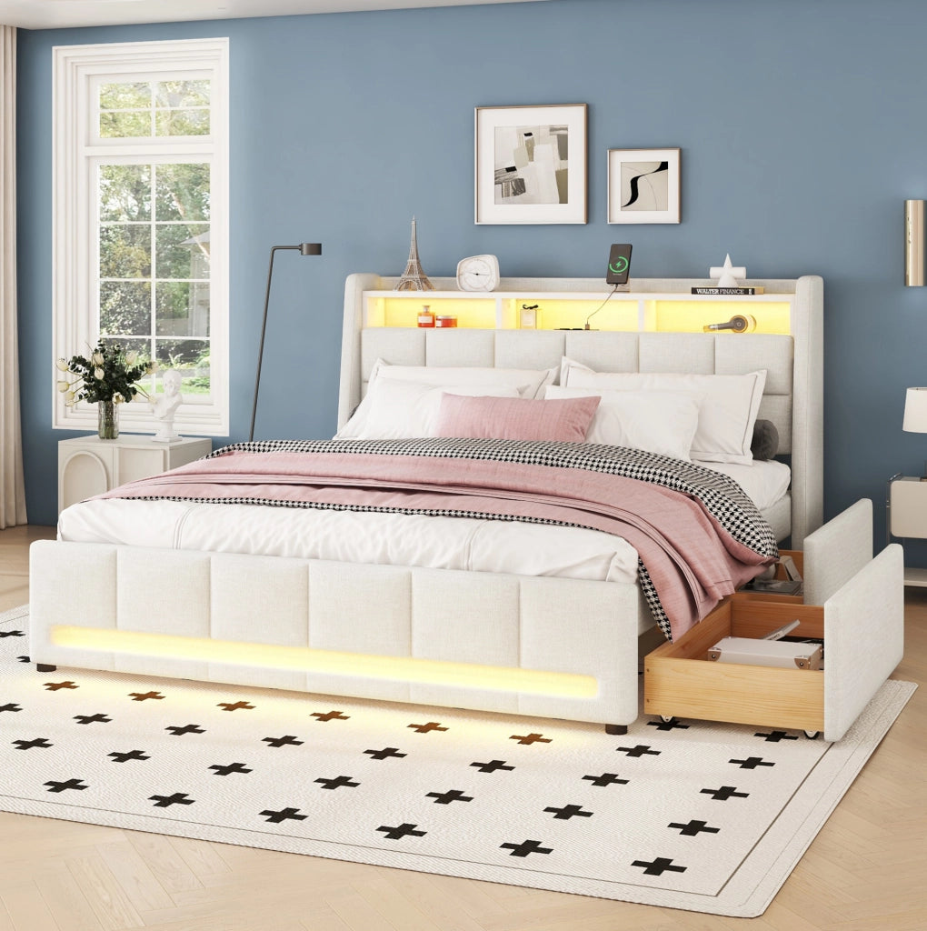 Letto imbottito 140x200 cm in lino e MDF beige; con LED APP; USB; cassetti e vani contenitore