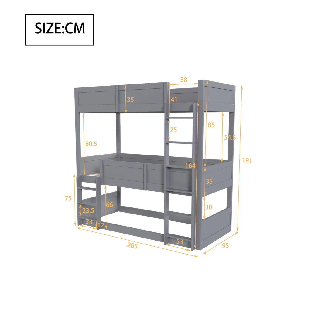 OKWISH Letto a Castello 90×200 cm, Letto 3 Posti con Sponde Alte, Convertibile, senza Materasso, in Legno, Grigio
