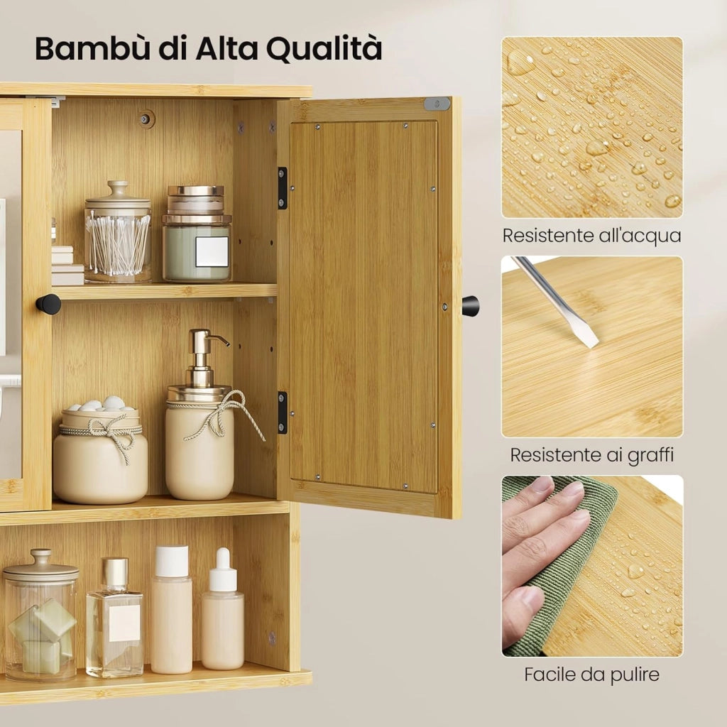 Mobiletto da Bagno Sospeso con Specchio e Ante in Bambù, Armadietto Salvaspazio, Contenitore da Parete, con Ripiano Regolabile, Scomparto Aperto, 56x14x58 cm