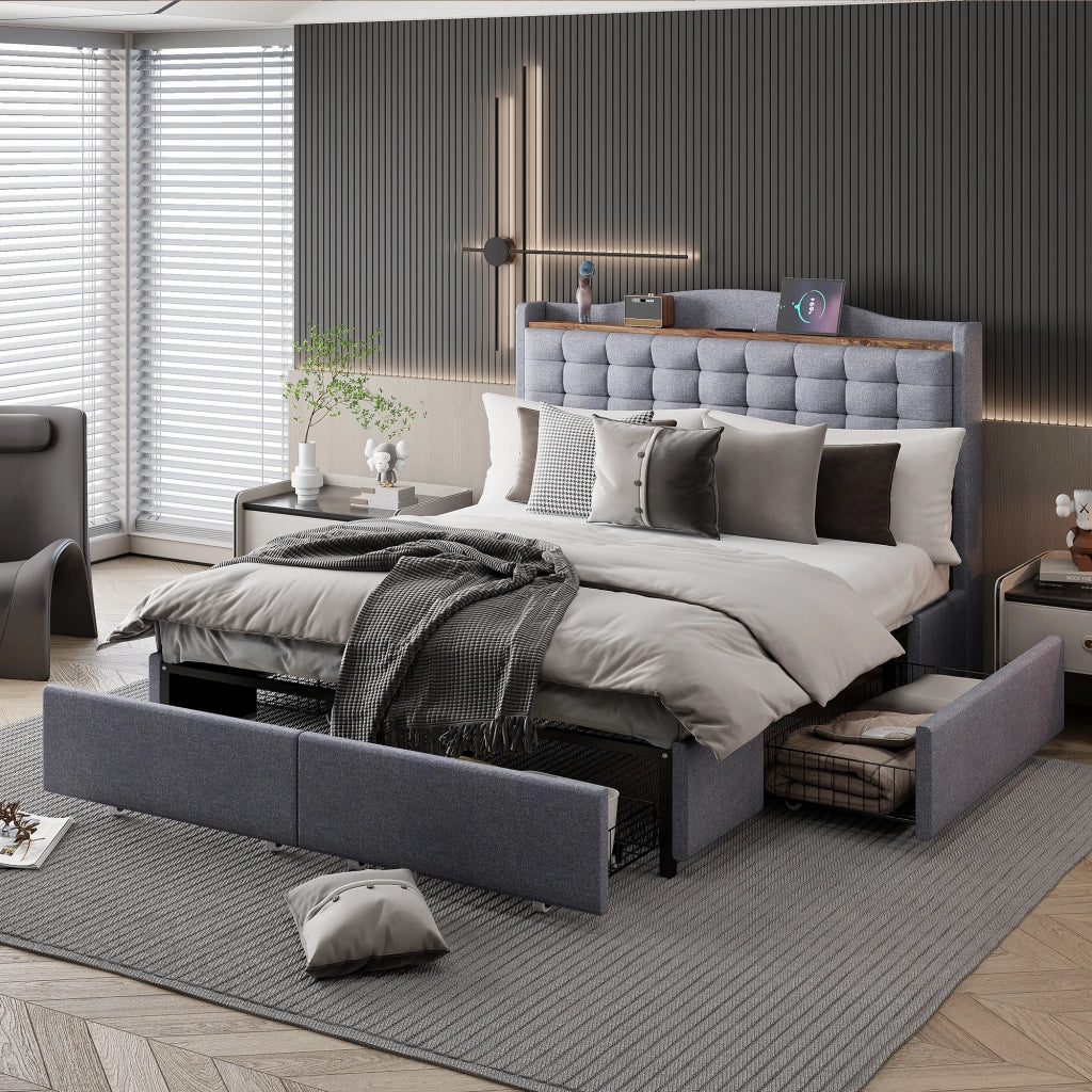 OKWISH Letto con Cassetti 140×200 cm, Letto Matrimoniale con USB, Mensola e 4 Cassetti, senza Materasso, in Tessuto Imbottito, Grigio