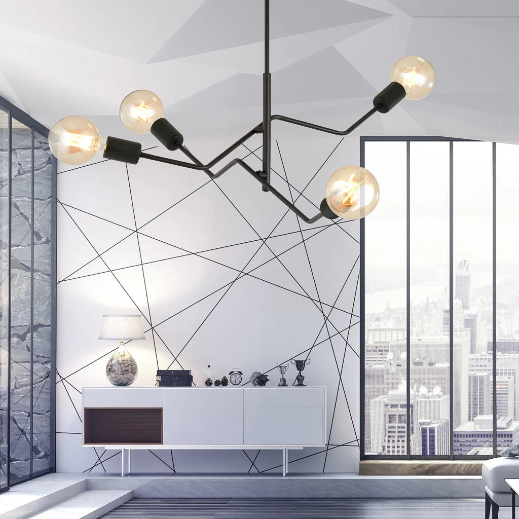 Sospensione Industrial 4 Luci Febe In Acciaio Nero E Bracci Regolabili