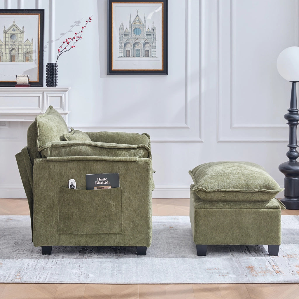 Poltrona oversize con poggiapiedi e pouf - Zephmum- Velluto, tasche laterali, cuscini