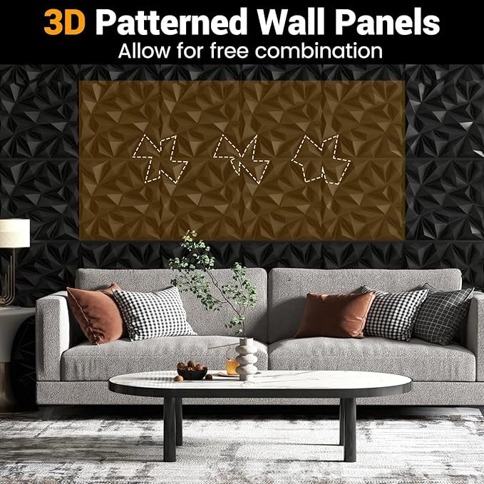 40 Pezzi 3D Pannelli Murali 50 x 50 cm, Pannello da Parete 3D Diamante, Decorazione Interna da Parete in PVC, 10 m², per Soggiorno Camera da Letto (10㎡,Nero)