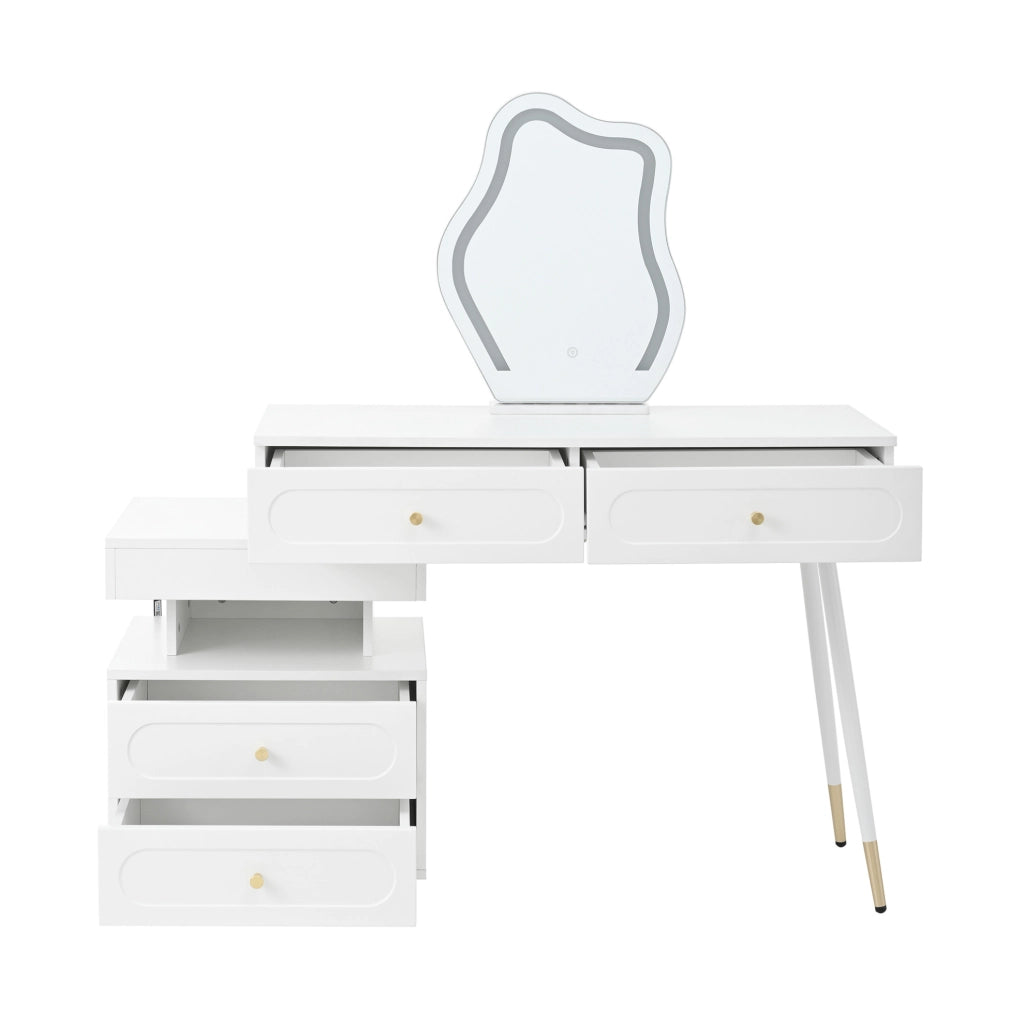 Toeletta bianca con specchio LED, 4 cassetti e mobile laterale
