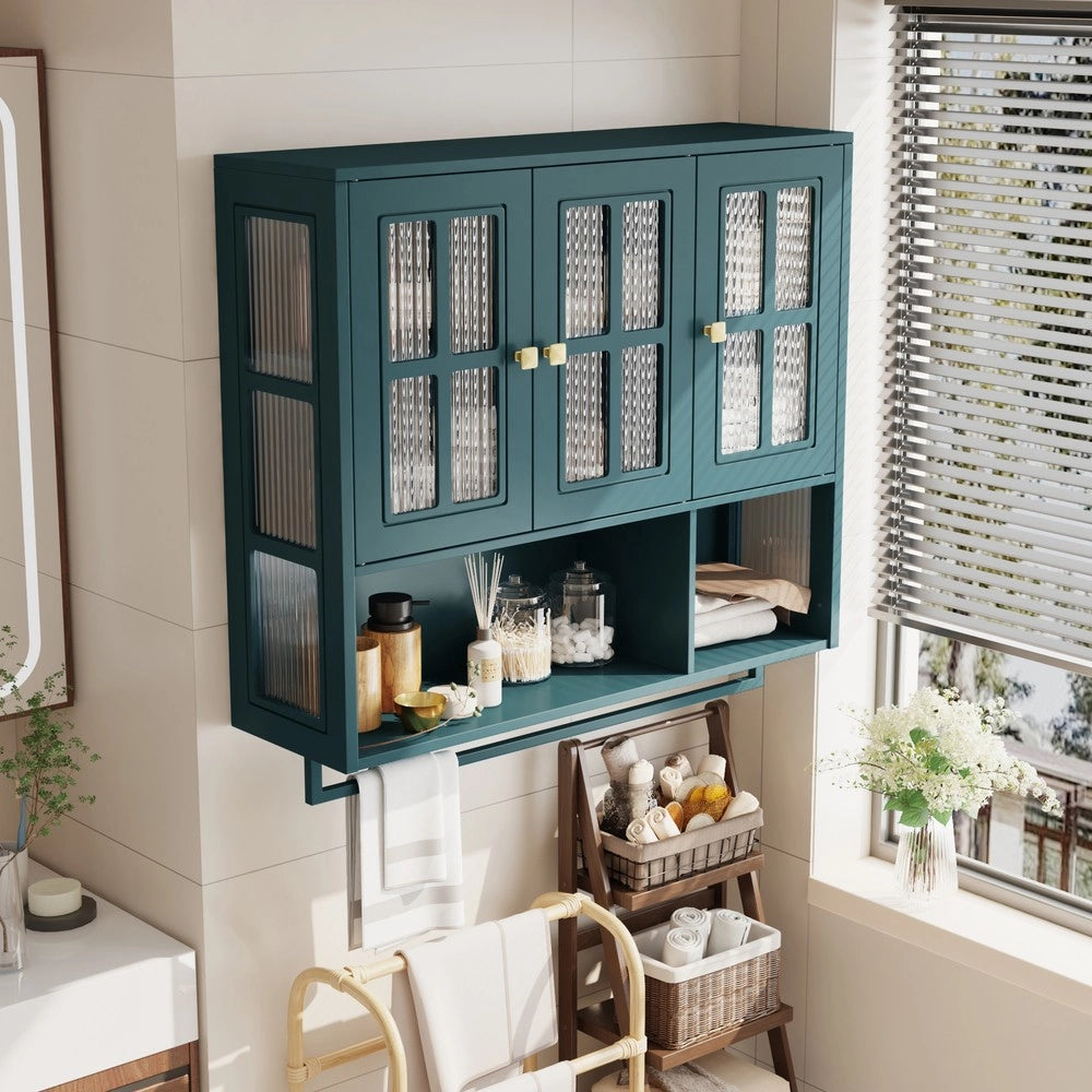 Armadietto Bagno a Parete 3 Ante Legno con Specchio e Porta Salviette ¨C MINIMAL ¨C Verde Scuro