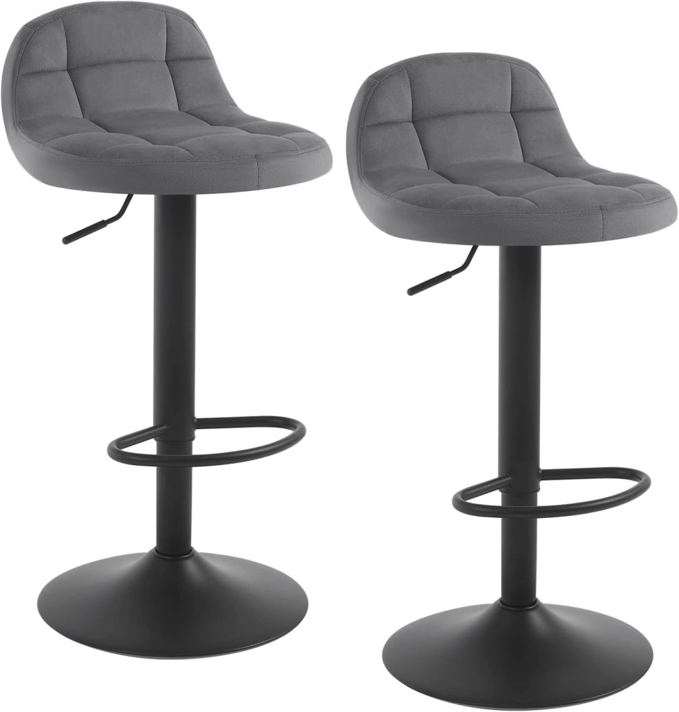 Set di 2 Sgabelli da Bar con Schienale Sedia Alta da Cucina Imbottita Seduta Regolabile in Altezza 60-82cm con Poggiapiedi Girevole a 360° in Velluto, Grigio Scuro BH317dgr-2