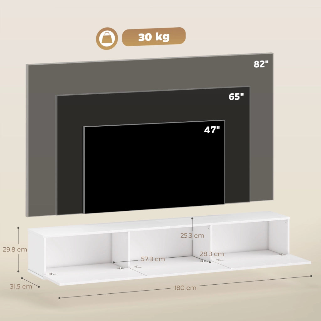 Mobile Porta TV fino a 82" Sospeso con 3 Armadietti a Ribalta e Ante Soft Close Bianco Lucido