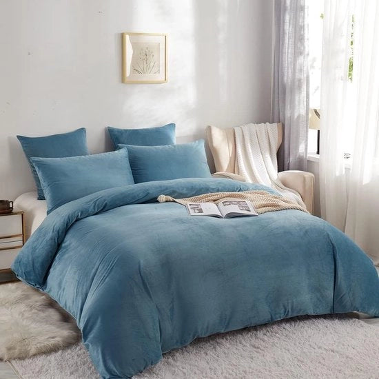 Coperta in plu di inverno, 200 x 200 cm, 3 pezzi, plu di corallo, flanella, blu, coperta inverno reversibile, tocco di cashmere, coperta calda con cerniera e 2 cuscini con copriletti, 80 x 80 cm
