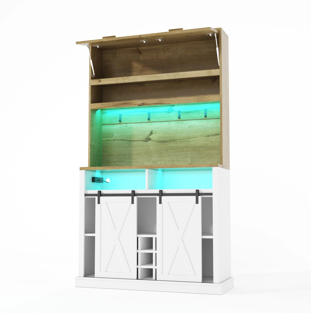Credenza alta 110x40x191 cm con LED RGB; ripiani aperti e vetrina in MDF naturale e bianco