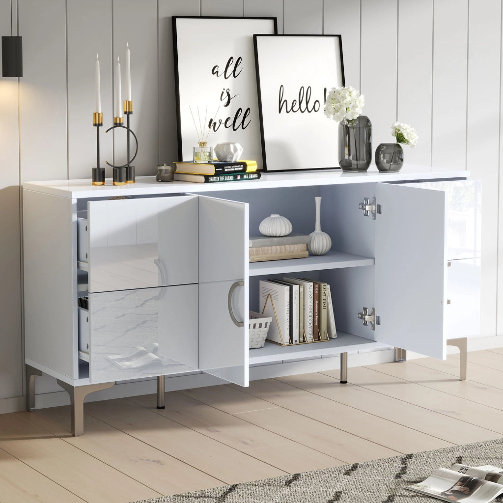 Sideboard 150 ¡Á 38 ¡Á 59,5 cm, bianco lucido, con 4 cassetti e 2 ante, struttura in MDF e piedi in metallo