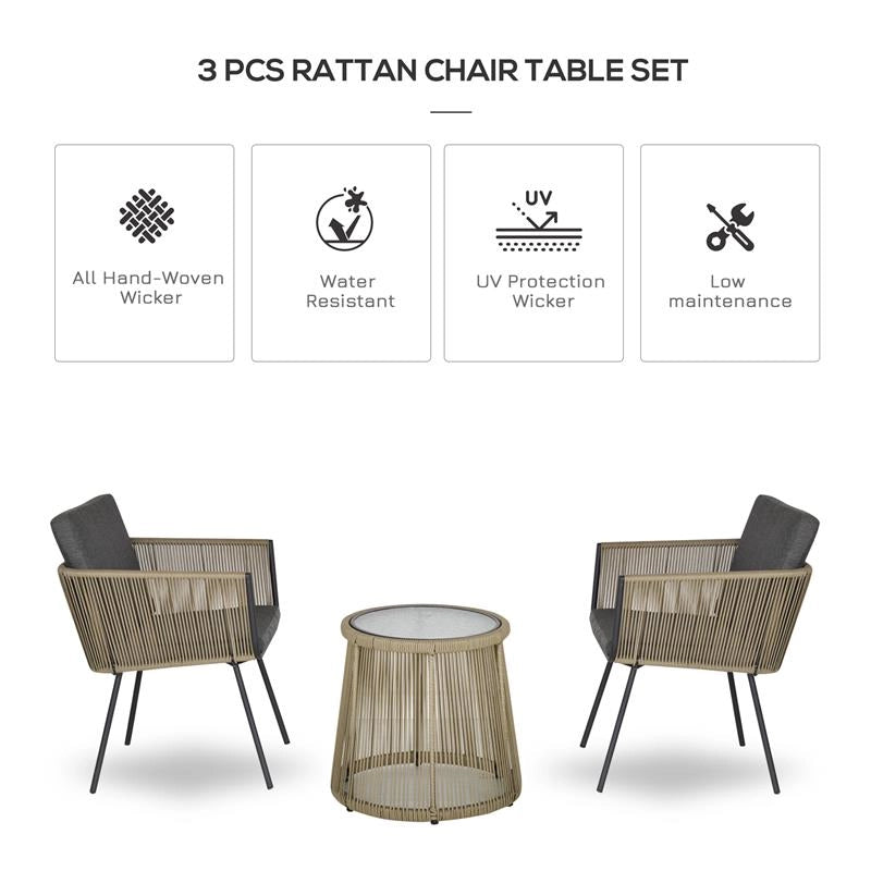 SET 2 POLTRONCINE CON TAVOLINO DA ESTERNO IN PE RATTAN CACHI E GRIGIO