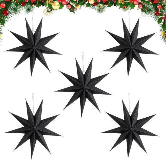 5 stelle di carta per Natale, sterne natalizie in carta nera da appendere, decorazione natalizia da 30 cm, adatta per tavole da pranzo, finestre, camere, matrimoni e feste di compleanno