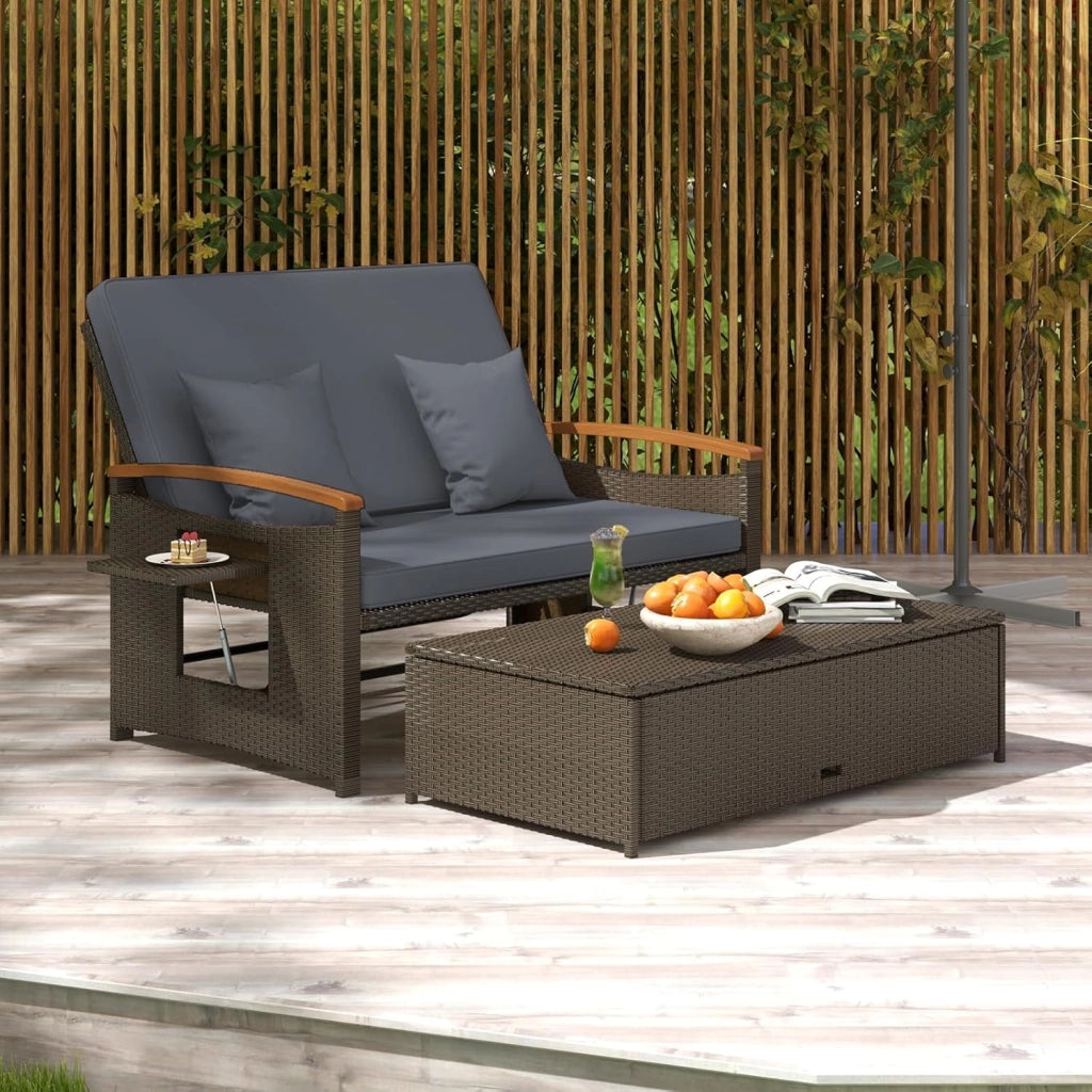 Divano da Giardino in Rattan a 2 Posti con Funzione Allungata, Set di Mobili in Rattan con Sgabello, Doppia Sedia a Sdraio per 2 Persone, 3 Colori (Cuscino Grigio)