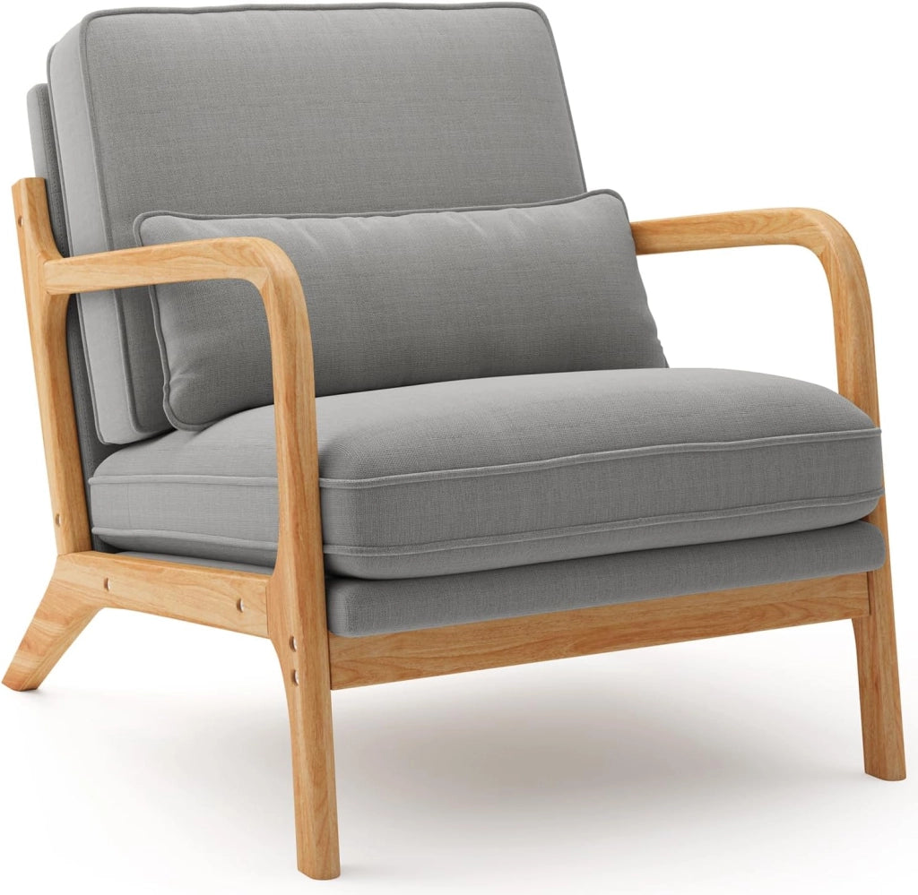Poltrona da Salotto in Legno di Caucciù,Poltroncina Camera da Letto,con Cuscino Sfoderabile e Schienale con Braccioli con cuscino lombare,82 x 65 x 75CM, Beige