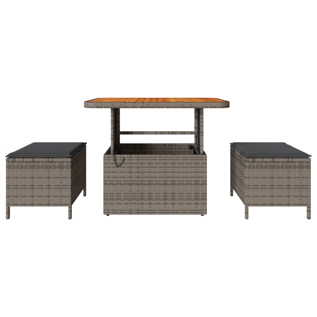 Set da Pranzo da Giardino 3 Pezzi con Cuscini Grigio in Polyrattan e Acacia