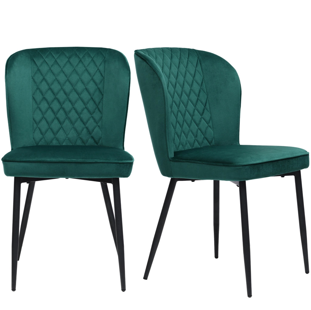 Sedia da pranzo moderna in velluto verde con gambe in metallo; seduta imbottita
