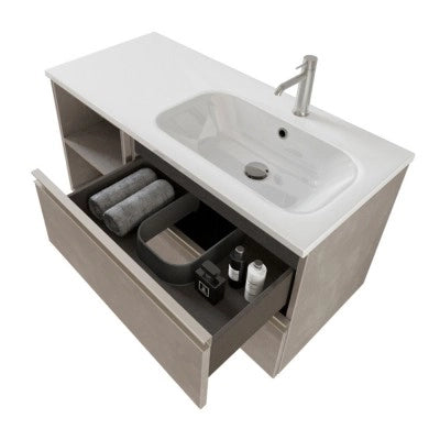 Mobile bagno sospeso 100 cm grigio cemento con cassetti e vani a giorno completo di lavabo a destra e specchio contenitore Master